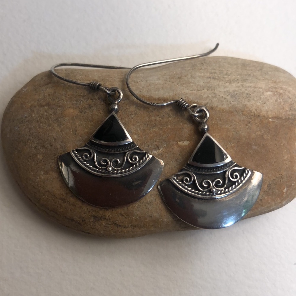 Sterling silver and inlaid onyx hook earrings